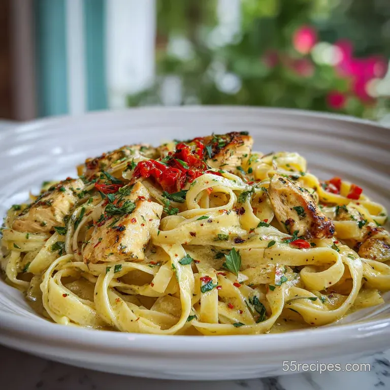 Elegant plate of fettuccine alfredo with tender chicken, glistening sauce, and cracked black pepper. Linen napkin adds a s...