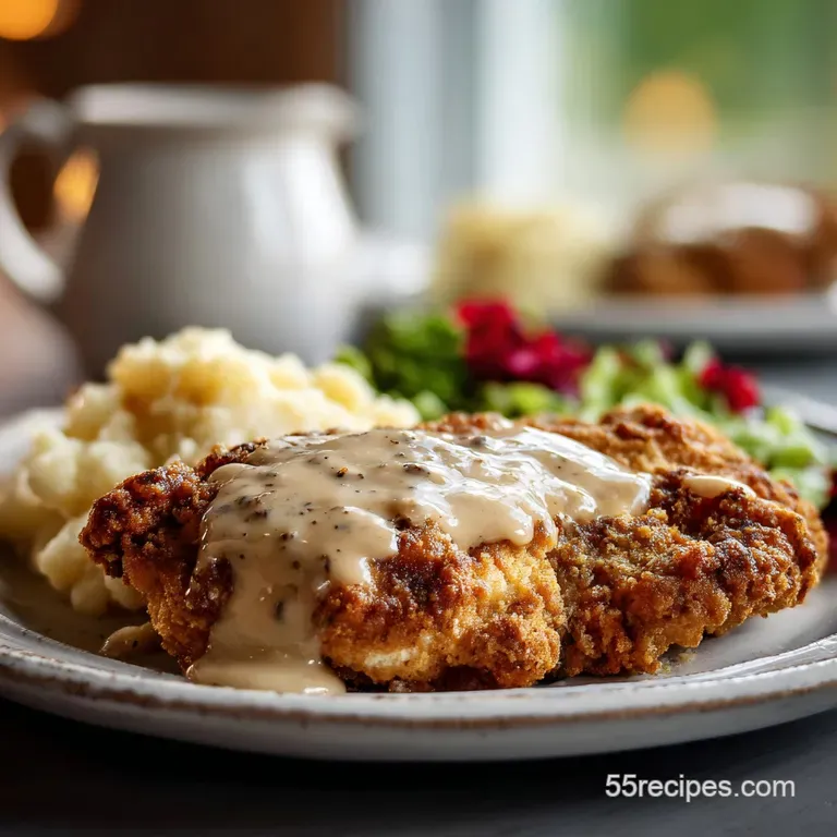 A perfectly plated chicken fried steak, draped in gravy, alongside fluffy mashed potatoes and vibrant green green beans.