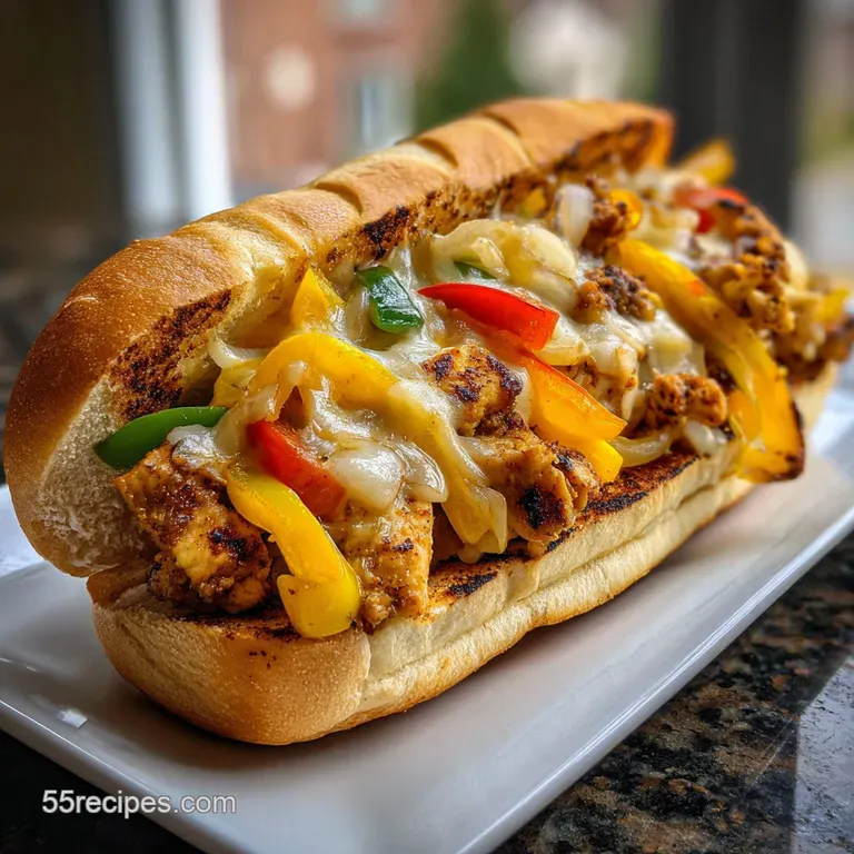 Sizzling chicken Philly sandwich halves on a white plate, garnished with fresh parsley and bright red pepper flakes, steam...