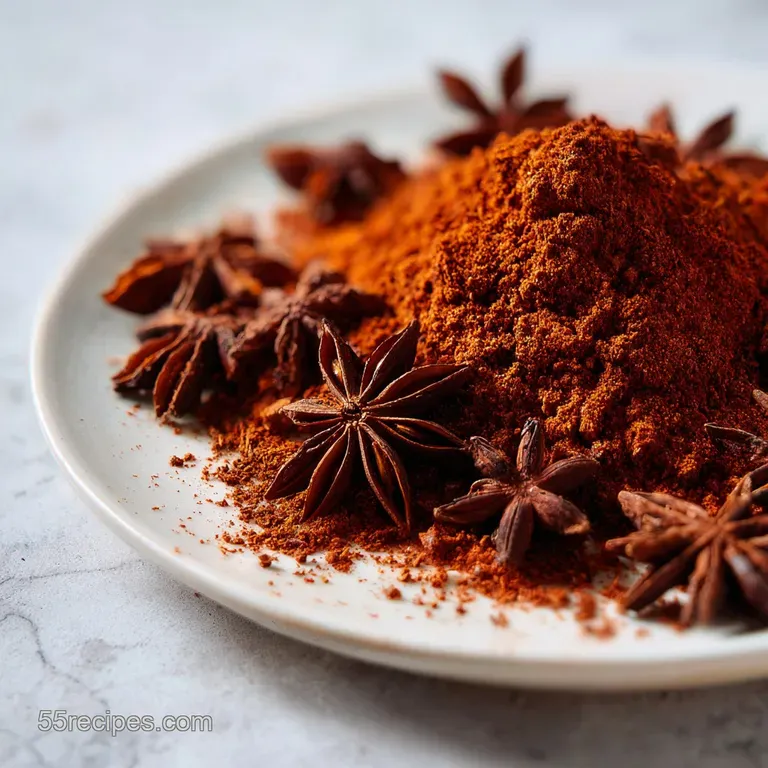 Fine brown spice powder in a white bowl surrounded by whole star anise and cinnamon sticks on a dark stone.