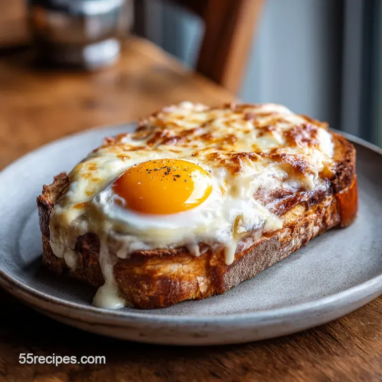 Elegant Croque Madame plated with a side salad. The sandwich's layers peek through the golden b&eacute;chamel and melted cheese.