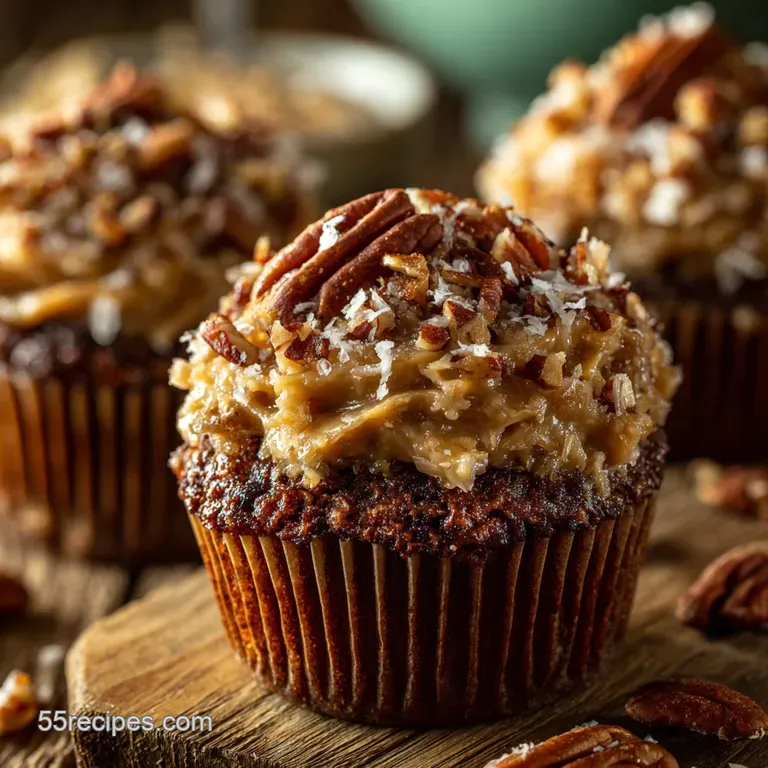 German Chocolate Cupcakes with Signature Pecan-Coconut Frosting presentation