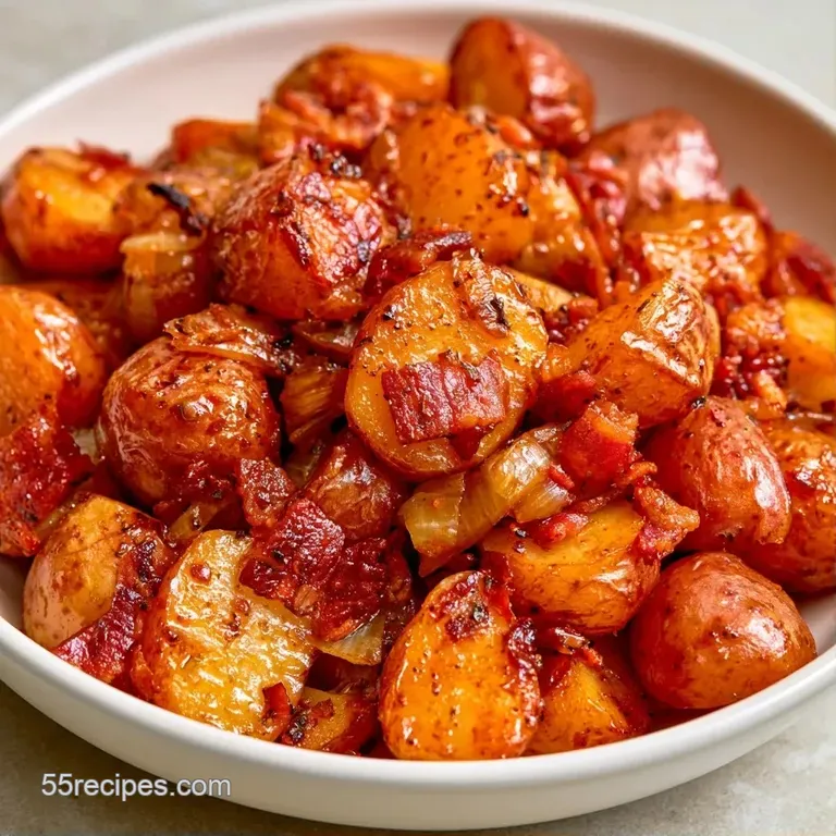 A white ceramic bowl filled with tender golden potatoes, red onion slivers, and crisp bacon topped with fresh herbs.