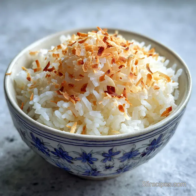 Creamy coconut rice artfully mounded on a dark plate, garnished with a sprig of cilantro, creating an inviting, elegant pr...