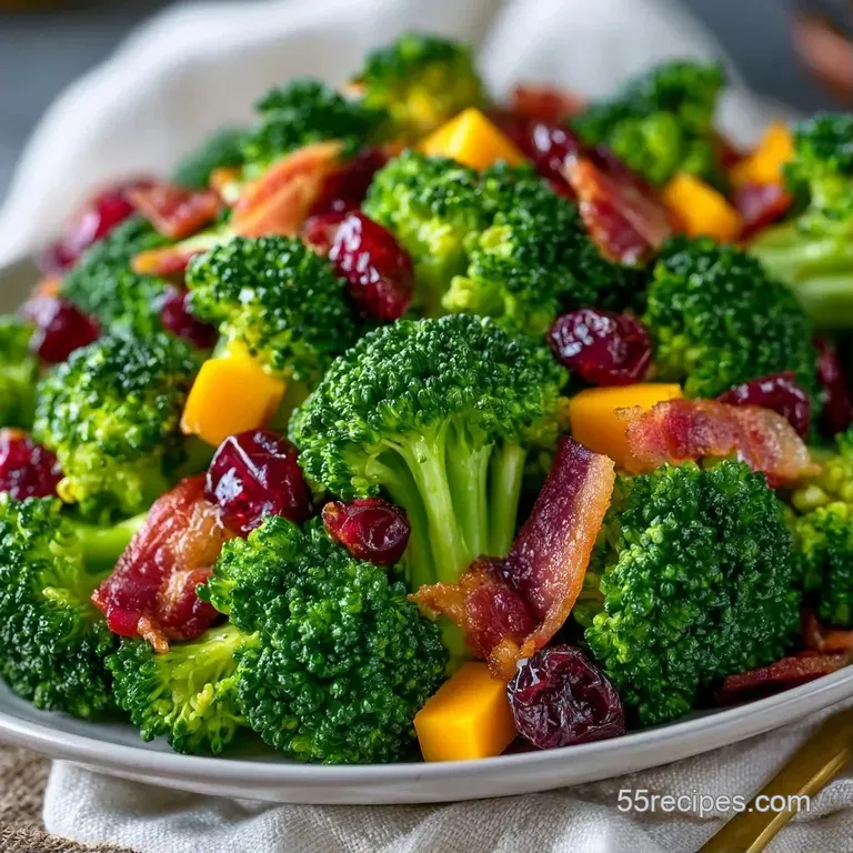 Fresh green broccoli florets tossed in a rich white dressing, served in a chilled glass bowl on a white linen cloth.