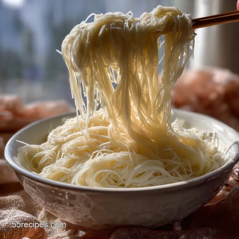 Delicate, white rice noodles elegantly twirled, accompanied by colorful vegetables and a scattering of toasted sesame seed...