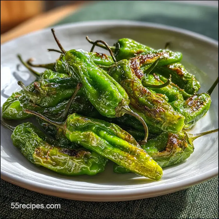 Pile of vibrant green shishito peppers on a white ceramic plate, speckled with charred spots and a dusting of flaky sea salt.