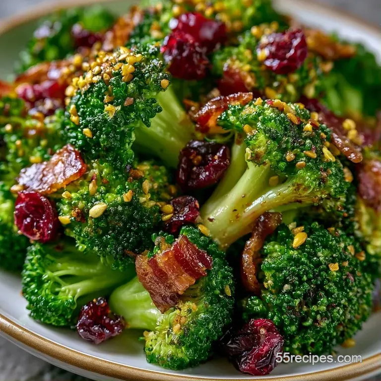 Vibrant green broccoli and ruby red cranberries tossed in a creamy dressing, served in a white ceramic bowl.