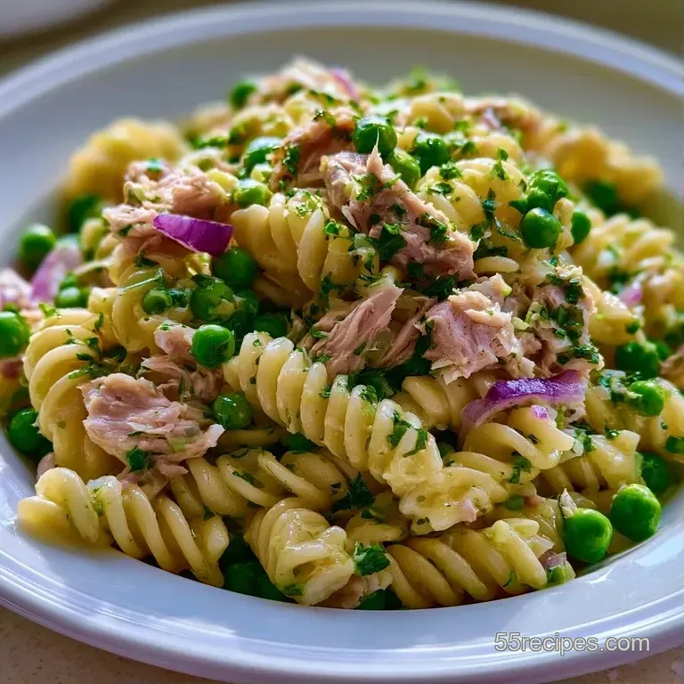 Chilled pasta spirals tossed in a creamy white sauce with diced colorful vegetables on a modern white ceramic plate.