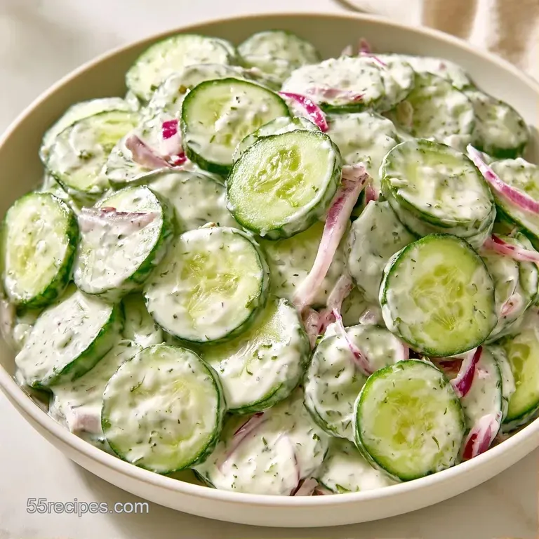 Thinly sliced cucumbers tossed in a creamy white dressing, served in a chilled glass bowl with fresh dill sprigs.