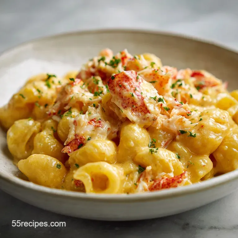 Plated lobster mac with a sprinkle of herbs and a lobster tail, creamy, rich, and inviting.