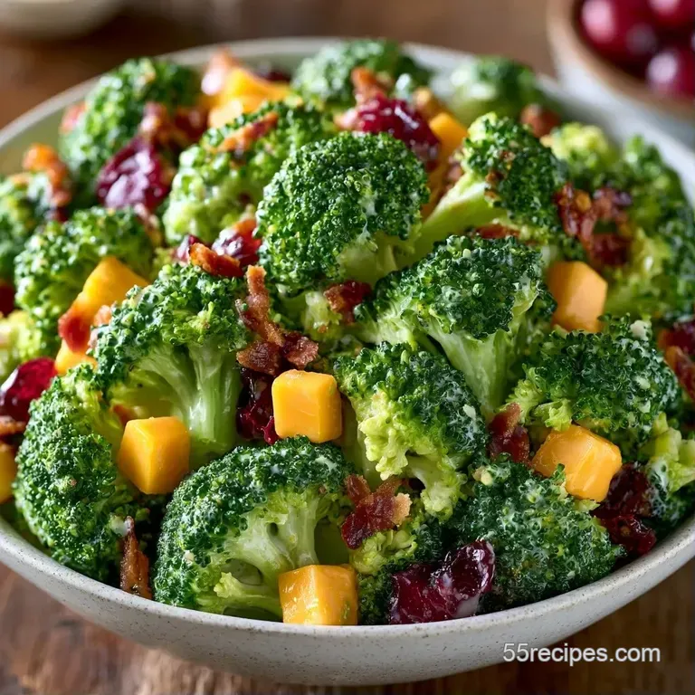 Fresh green broccoli and smoky bacon bits in a white bowl, garnished with red onion slivers on a wooden tabletop.