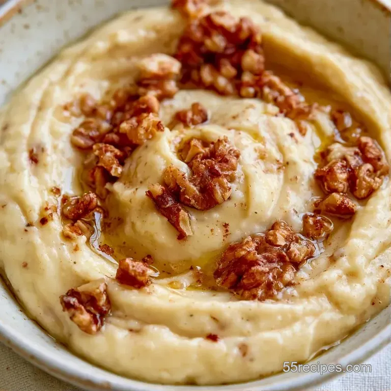 Elegant swirl of pale yellow potato cream adorned with crushed golden walnuts and specks of cracked black pepper.