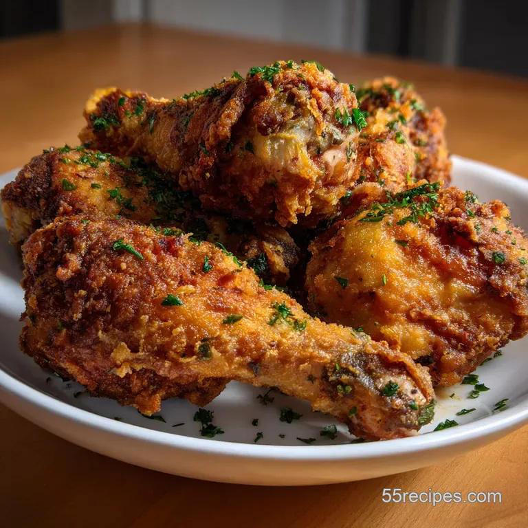 Two perfectly plated fried chicken legs, vibrant with a rich, mahogany hue, accompanied by a scattering of fresh herbs and...