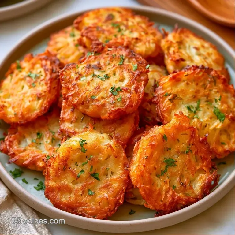 Elegant stack of golden-brown potato fritters garnished with fresh herbs on a minimalist white porcelain platter.