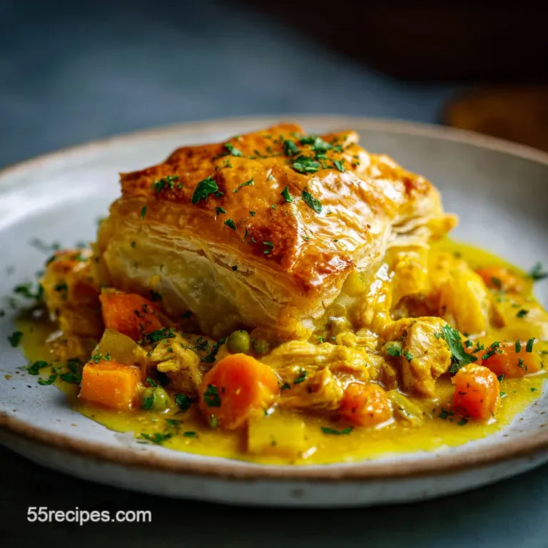 A slice of steaming chicken pot pie on a plate, coconut milk sauce glistening, beside fresh parsley and a fork.