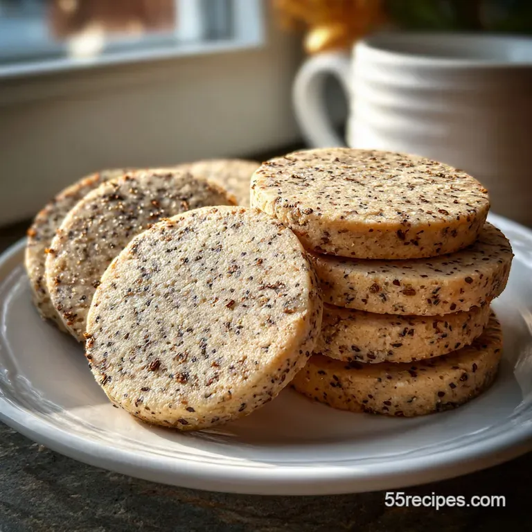 Delicate tea cookies arranged on a patterned plate. Subtle shadows enhance their sandy texture and inviting, buttery hue.