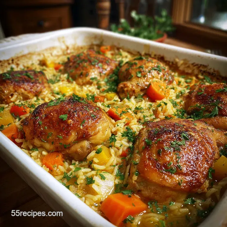Creamy casserole served in a white bowl. Chicken and rice peek through a golden crust, sprinkled with fresh parsley for co...