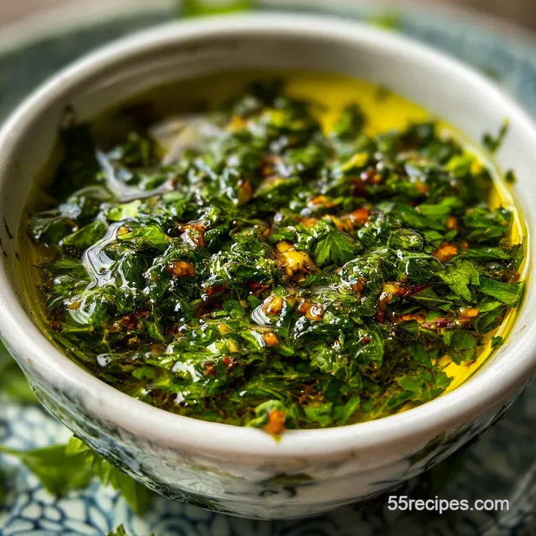 Chimichurri cascading over perfectly sliced steak, garnished with parsley sprigs on a white plate. A flavorful and elegant...