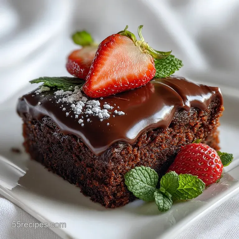A slice of dark chocolate sheet cake topped with glossy frosting, dusted with sugar and cocoa, sits on a white dessert plate.