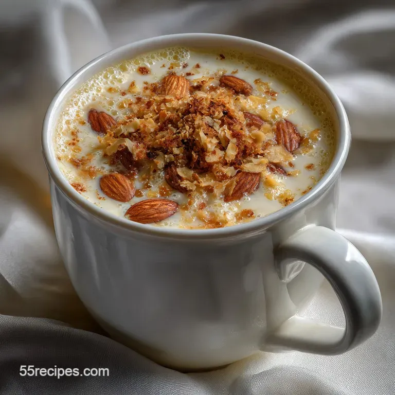 Elegant glass of toasted almond drink, garnished with a single, perfectly placed almond. Subtle shadows enhance the velvet...