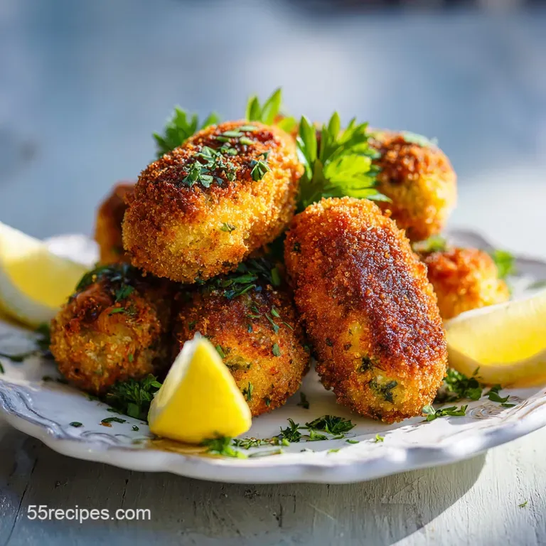 Three crispy, golden-brown tuna croquettes are arranged artfully alongside piped, creamy mashed potatoes. Parsley sprig ga...