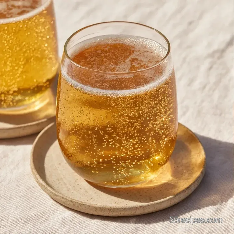 A translucent glass teacup of pale amber tea on a white linen cloth with a small wooden honey dipper nearby.