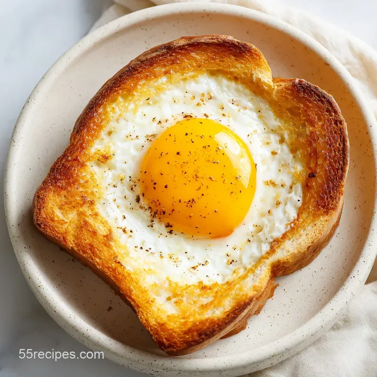 A single slice of pan-seared brioche, egg yolk slightly runny, on a white plate.