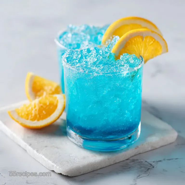 An artfully arranged electric blue drink in a stemmed glass, garnished with berries and a citrus twist.