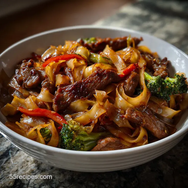 Artfully arranged noodles in a shallow bowl, showcasing seared edges, colorful vegetables, and a delicate drizzle of flavo...