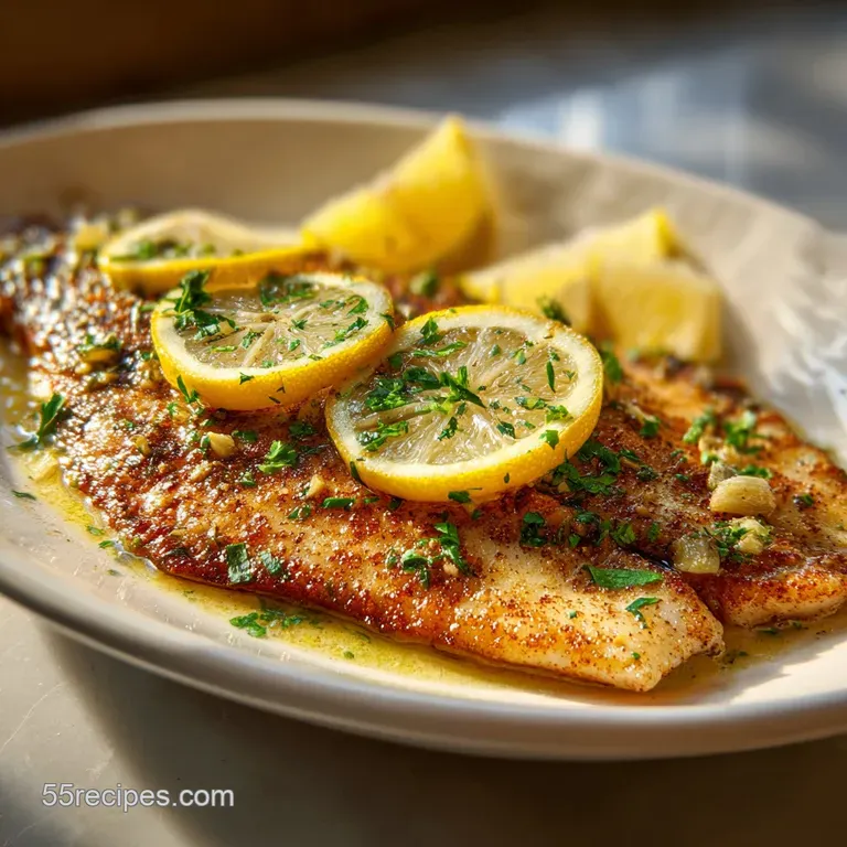 Pan-cooked flounder plated beautifully; lemon slices, herbs, golden-brown edges; glistening sauce, light steam rising, fre...