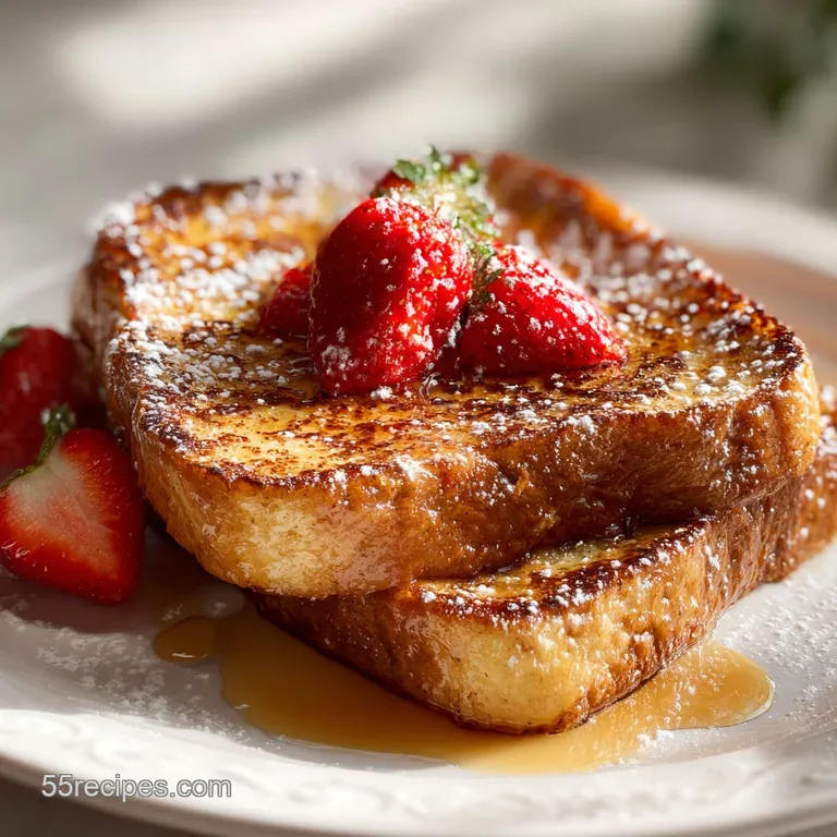 Elegant French toast plating: Berries cascade over stacked slices, topped with whipped cream. Syrup pools, glistens on the...