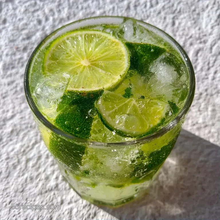 Pale green drink in a crystal glass set on a marble surface with fresh mint sprigs and zesty lime wedges nearby.