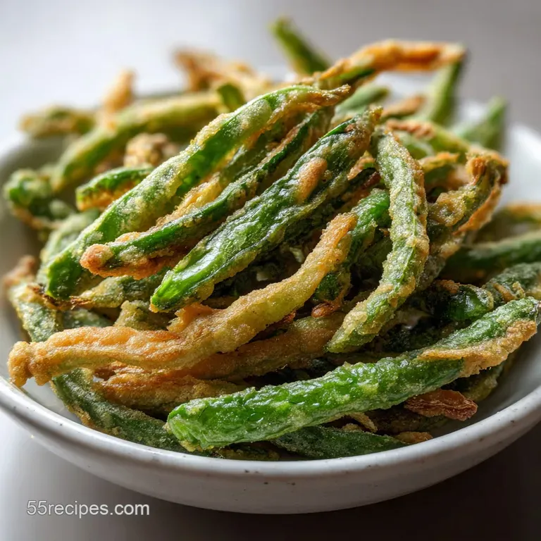 Perfectly plated fried green beans with a sprinkle of sea salt flakes. Edges are browned and crispy, showing off their tex...