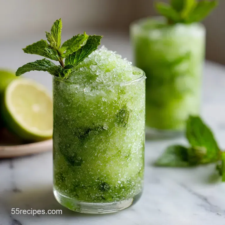 A tall glass filled with icy lime slush, garnished with a fresh lime wheel and mint sprig.