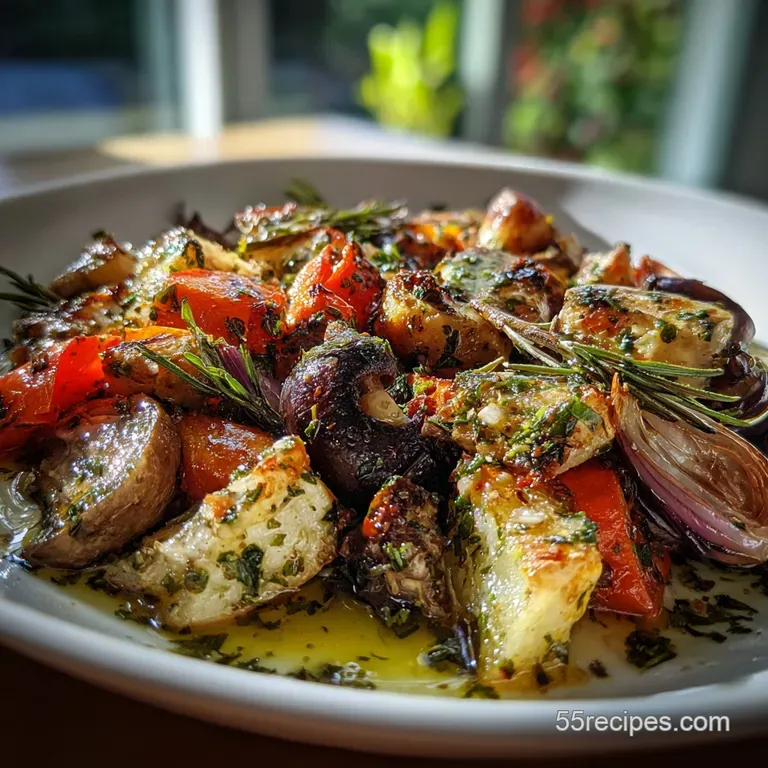 Elegant plate of perfectly roasted vegetables, herbs sprinkled, steam rising. Golden-brown, vibrant and arranged aesthetic...