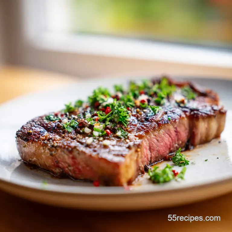 Slices of ruby-red steak fanned across a white plate, topped with fresh herbs. Charred grill marks provide visual texture.