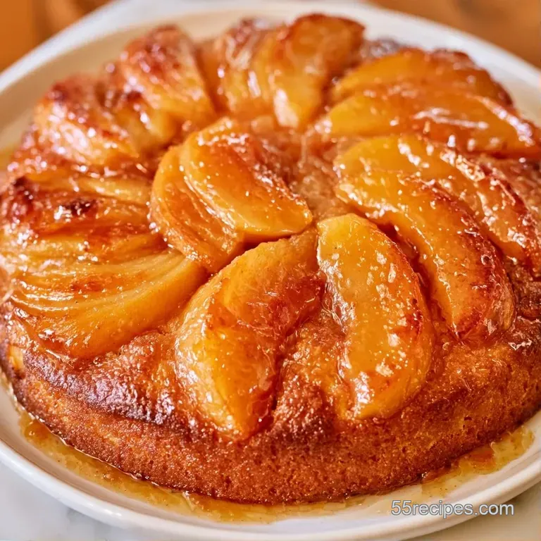 A slice of moist, golden apple cake on a ceramic plate with a swirl of whipped cream and a fresh mint leaf.