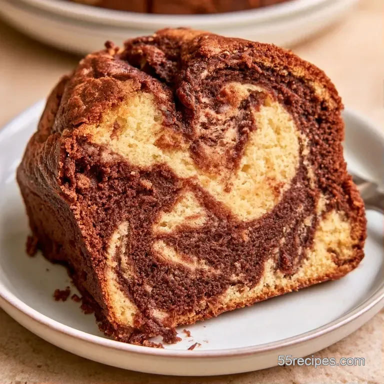 A neat slice of swirled chocolate and vanilla sponge cake on a white plate, dusted lightly with powdered sugar.