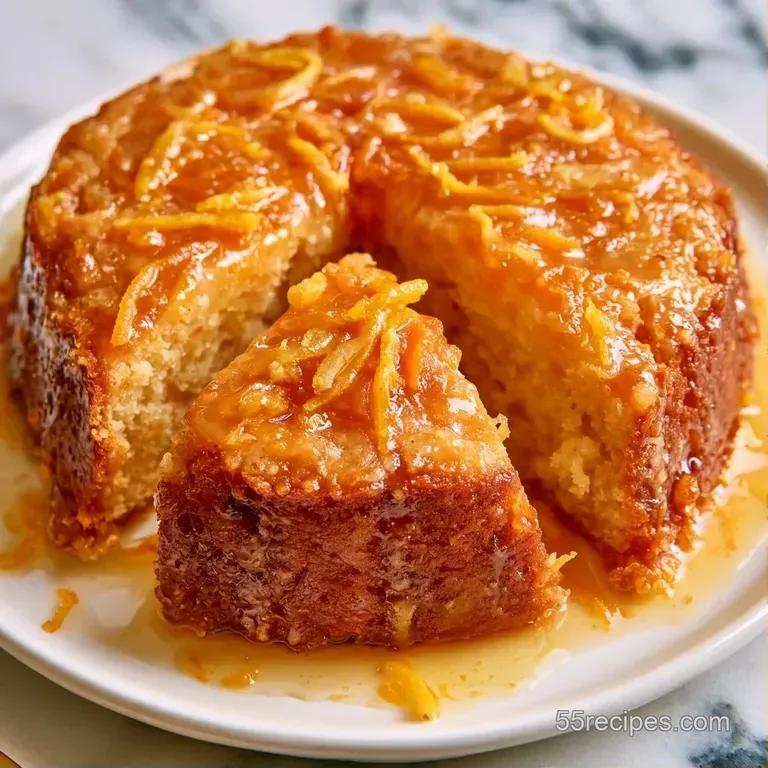 A slice of fluffy golden sponge cake with an orange glaze, served on a white plate with a fresh mint sprig.