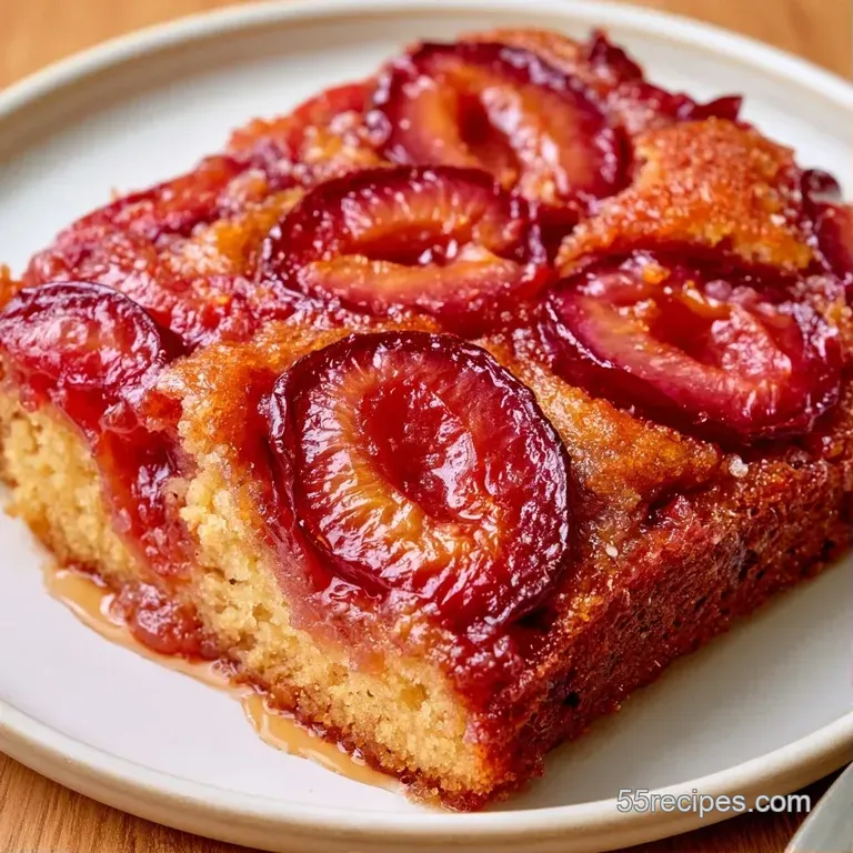A rectangular slice of fruit-topped cake on a white plate, garnished with a swirl of thick, creamy white yogurt.