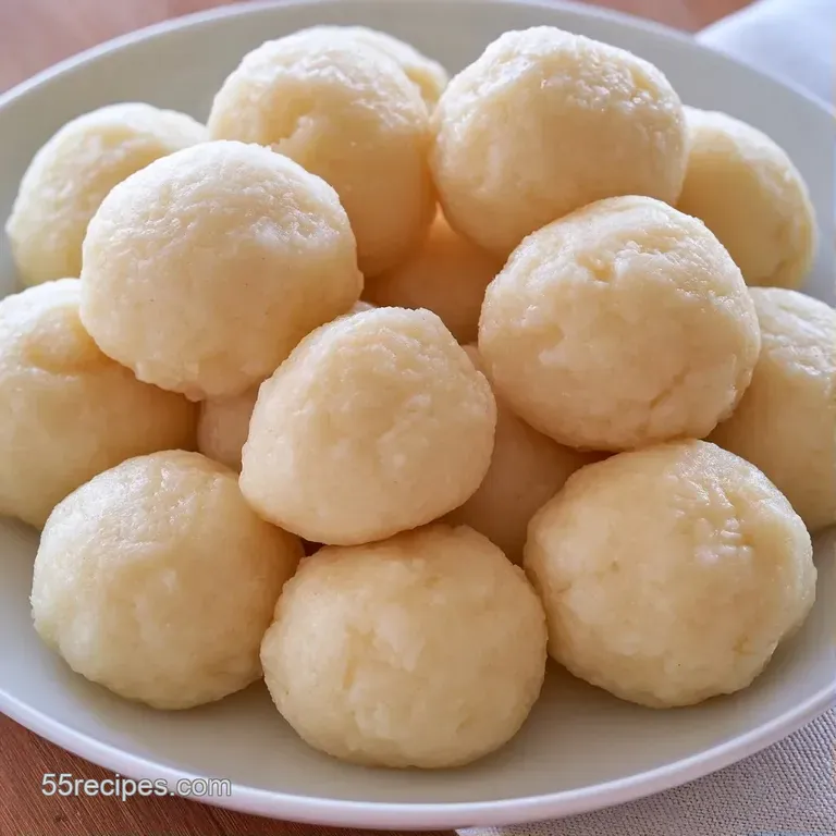 Three round, fluffy potato spheres on a white ceramic plate with a glossy sauce and a sprig of fresh green herbs.