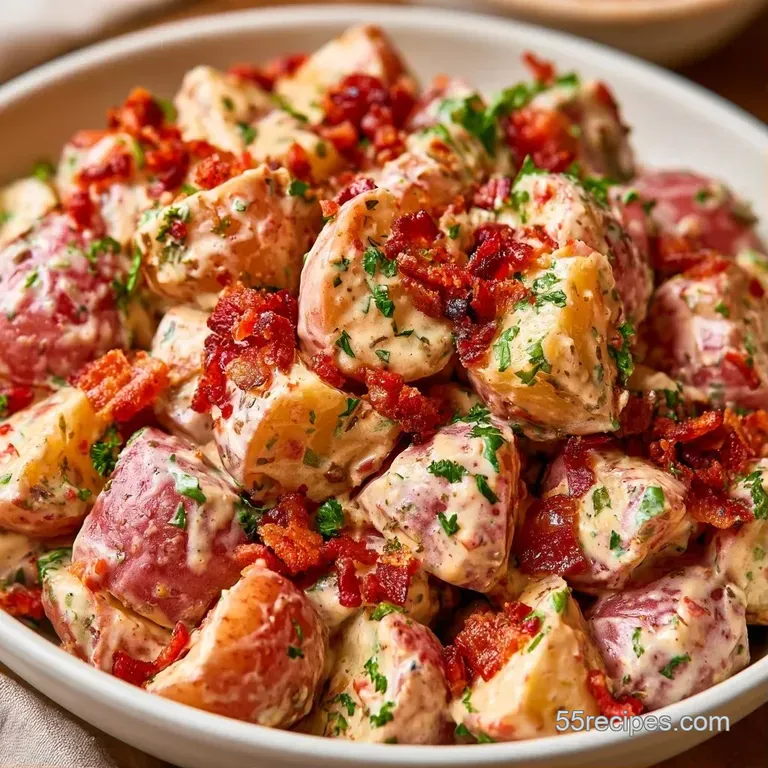 Chilled potato salad in a white porcelain bowl, garnished with paprika and fresh parsley on a rustic linen cloth.
