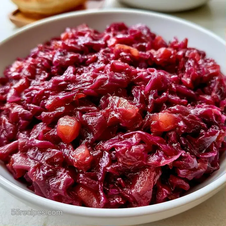 Vibrant purple cabbage and soft apple chunks served on a white plate with a sprig of fresh parsley on top