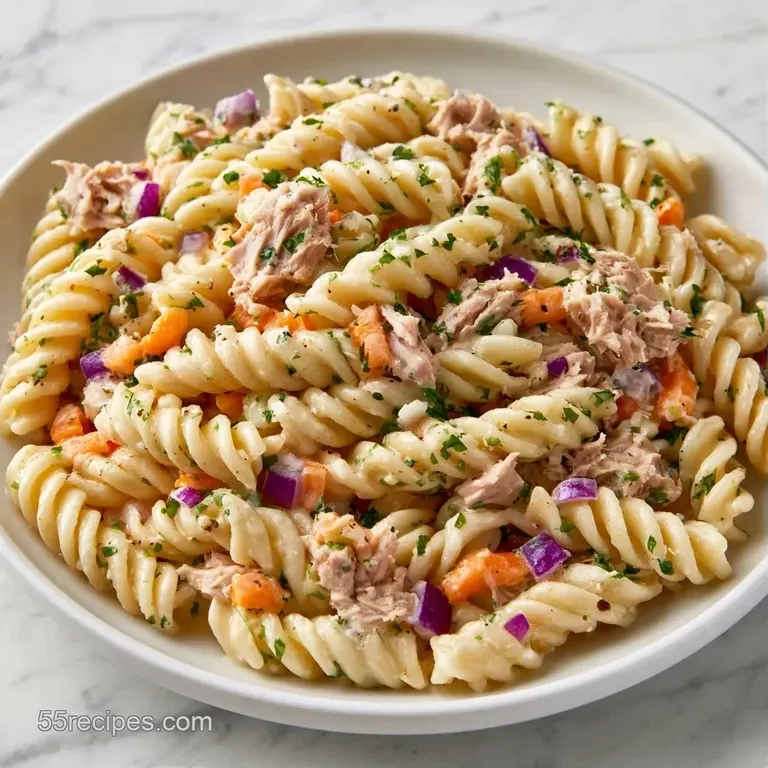 Chilled spirals of pasta mixed with creamy tuna, colorful diced vegetables, and fresh parsley in a white bowl.