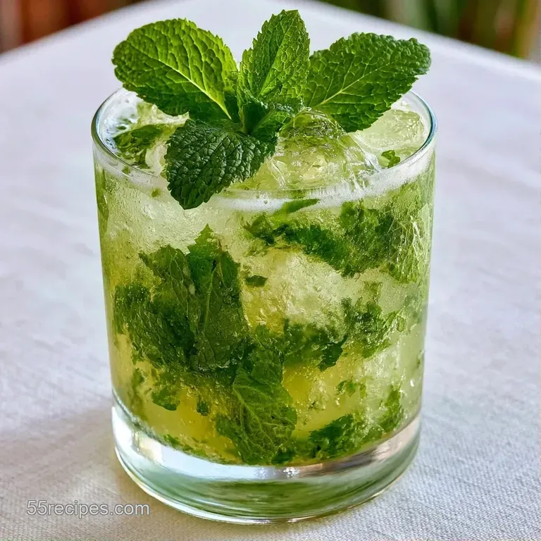 Pale green chilled beverage in a crystal glass on a white marble slab with a lemon wedge and droplets of dew.