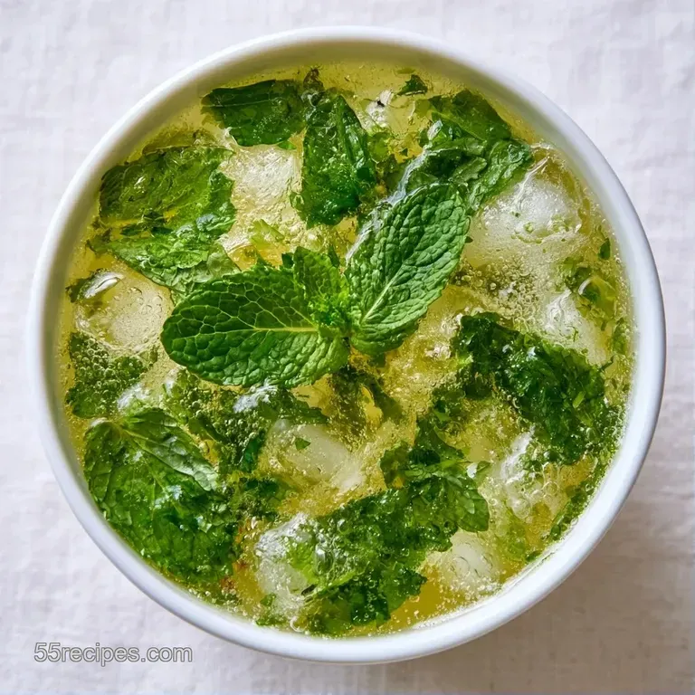 Frosted glass of pale green iced tea on a marble surface, garnished with a sprig of mint and a lemon wheel.
