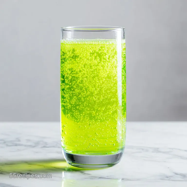 Three petite glasses of bright green liquid resting on a white marble slab with scattered loose tea leaves.