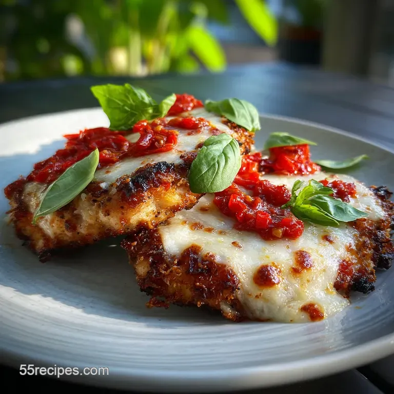 Perfectly plated grilled chicken parmesan with a side of pasta; steam rises from the vibrant red tomato sauce.