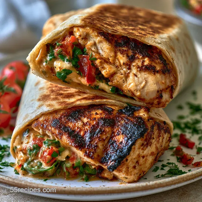Four neatly sliced wraps showing colorful layers of grilled meat and fresh veggies, served on a white ceramic platter.